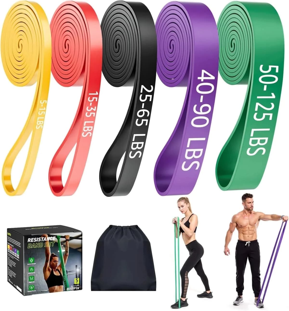 Resistance Bands Set (5 Levels, with Bag)
